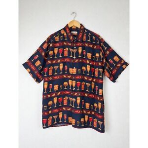 VTG Burma Bibas Mens Silk Shirt L Navy Cocktail Drink Print Resort Tiki Novelty